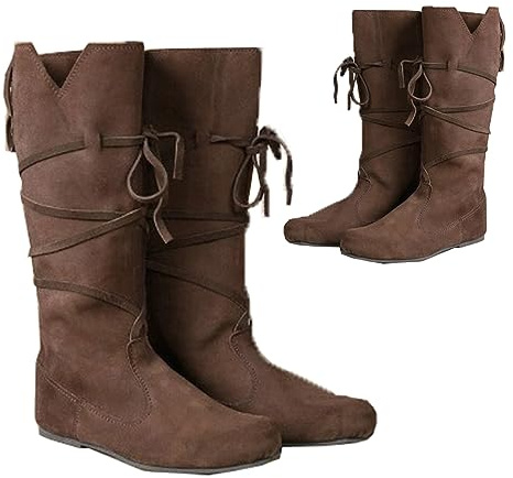 ZHFF PU Leder Stiefel - Low Heel Mid Tube Ritter - Renaissance Mittelalter Cosplay für Karneval Party, Braun, 46