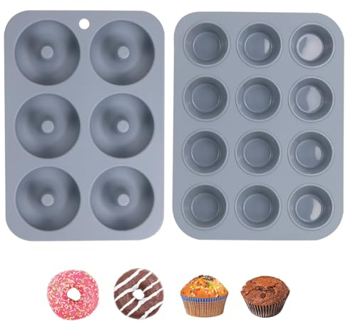 LKEVREG Teglia Muffin con 12 Stampo Muffin & 6 Stampo Ciambelline, Antiaderente Stampi in Silicone per Cupcake, Brownies, Budini, Donuts, Bagel, C0024-H