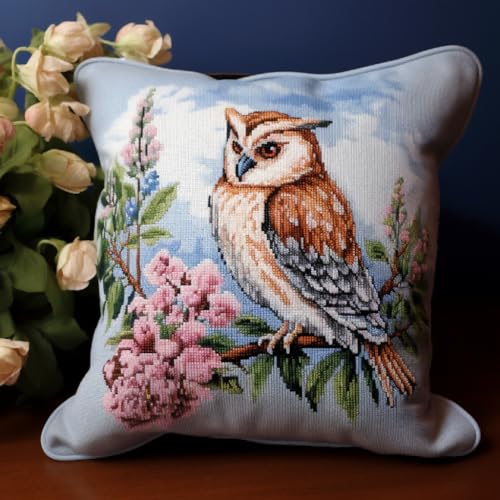 Taxpy Diy Knüpfen Set Erwachsene Kissen Eule Und Blumen Diy Wurfkissenbezug, Sofakissenbezug Mit Bedruckter Leinwand Für Anfänger Erwachsene 17x17in