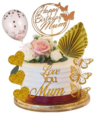 12 Pcs Happy Birthday Mum Cake Toppers set Gold Cake Decorations Happy Birthday Cake Topper, Palm Leaf, Sequins Balloon Glitter Card Cake Toppers for Birthday Party Cake Decor (Glitter Gold)