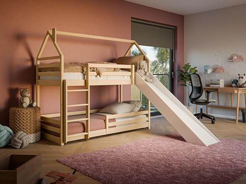 Kids Collective Hochbett mit Rutsche 90x200cm Kinderbett Etagenbett mit Rausfallschutz & Leiter Bett Bodenbett Jugendbett Spielbett für 2 Kinder Kinderzimmer Sicherheit Natur von 4. bis 18. Lebensjahr