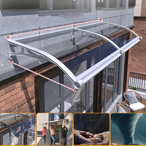 Polycarbonat für Eingangstür Türdach Transparente Pultbogenvordach Vordach Haustür Eingangsmarkise Regenschutz,Automatische Entwässerung,aus Aluminium Silbergrau Ständer (150 x 290cm)