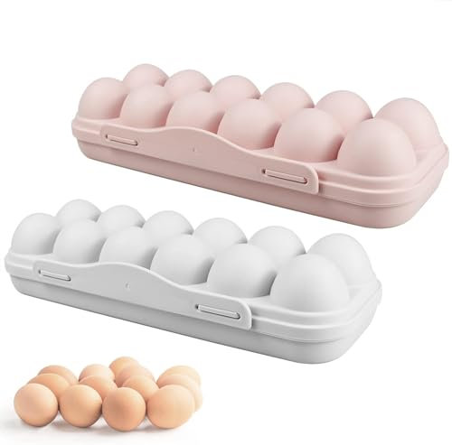 AMJKEJI 2 Pcs Egg Container, Egg Holder with Lid for Fridge Plastic Eggs Storage Container, Egg Tray Fits 2X12 Eggs