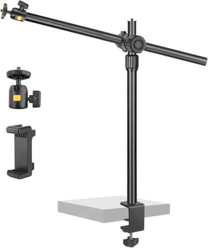 JEBUTU OS02 Camera Desk Mount with Flexible Overhead Phone Arm, 31-57cm Adjustable Desk Tripod with C-clamp, Phone Clamp and 1/4 Ball Head for Camera, Smartphone, Ring Light, Webcam