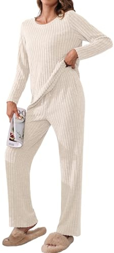 TIANZHU Ladies Pajamas Set Nightwear Loungewear Outfit Soft Ribbed Homewear Pyjama Set with Wide Leg Trousers 2 Piece Set, Apricot, Size 16-18
