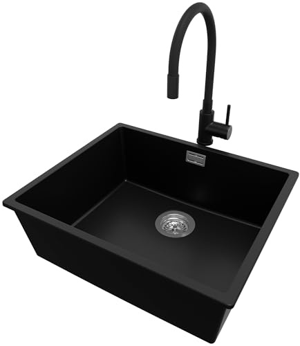 PRIMAGRAN Fregadero bajo Encimera al Mueble 60cm + Grifo, 56x47cm | Set: Grifo BW6020 + Kit de desagüe (sifón, válvula, rebosadero) + London 1 Seno Granito, Negro