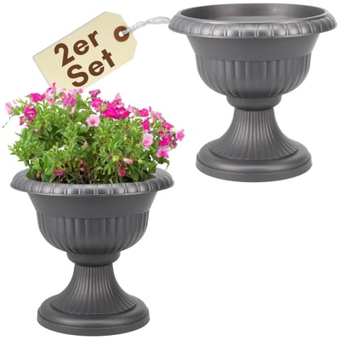 GarPet 2er Set Blumentopf mit Ständer Blumensäule Standfuß Pflanztopf Grabvase Friedhofsvase mit Füßen Ständer Grau 30 cm