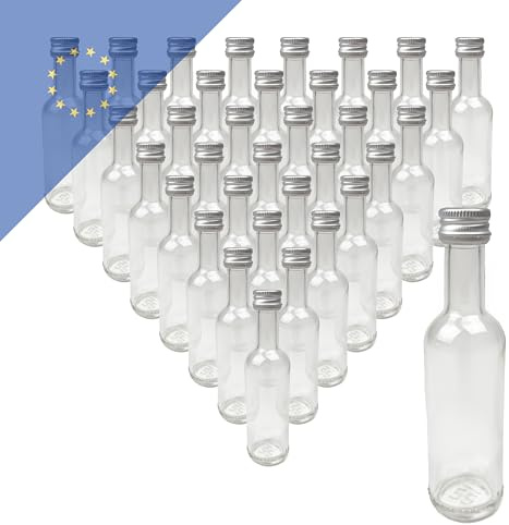 Verpackungsstadl 38 Stk. Glasflaschen 50ml PP18 silber – Kleine Glasflaschen für Likör, Schnaps, Spirituosen & Gastgeschenke – Hochwertige Flaschen für Likör, Schnaps & Spirituosen