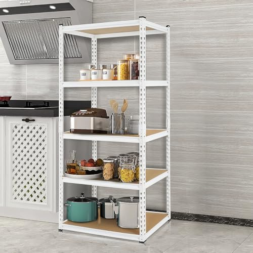 PACHIRA Verstellbares Schwerlastregal Weiß, 90 x 40 x 183 cm Garagenregal Gesamt Tragkraft bis 750kg, Robuste Lagerregale, Vorratsregal mit Stahlgestell, Kellerregal für Küche, Abstallraum, Büro