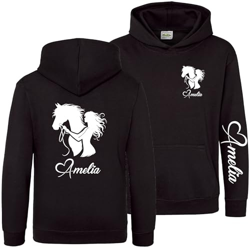 Personalised Equestrian Girls Hoodie Horse Rider Horses Riding Custom Sleeve Back Print Kids Hooded Top, 12-13 Years, Black