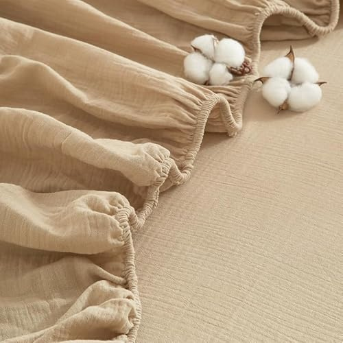 Gezu Muslin Spannbettlaken 160x200cm Khaki | Spannbettlaken 160x200 Boxspringbett Frottee Topper Weich Uni Atmungsaktiv Bettlaken für Hohe Matratze bis 25-30 cm