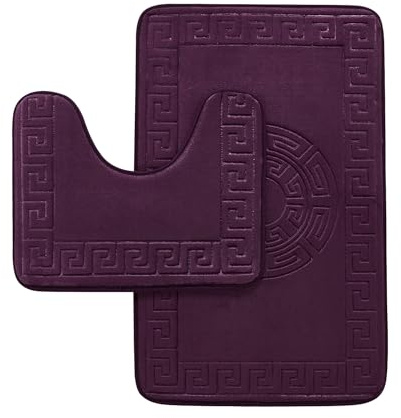 VELVETIO Bath Mat Set 2 Piece Machine Washable for Bathroom, Greek Key Non Slip Quick Dry Shower Rugs & Bathtub Mats, Memory Foam Water Absorbent 100% Polypropylene Toilet Rugs, Purple