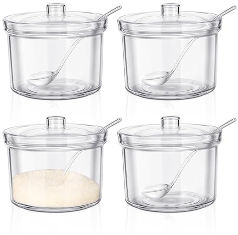 Huakaile 4 Pieces Acrylic Sugar Bowl with Lid and Spoon 6.76 OZ for Countertop, Salt Sugar Container Holder Storage Dispenser for Serving Condiment Pepper Candy Bar Bakery Home Kitchen (4)