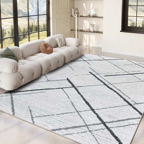 OMERAI Moderner waschbarer Teppich 120×170 cm, Hellgrau Unregelmäßige Linien Design, Antirutsch Teppich für Wohnzimmer und Schlafzimmer, Kurzflor Küchenteppich pflegeleicht