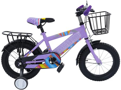 NoneDanGee 14 Zoll Kinderfahrrad Upgraded Kinder Mountainbike, für ab 3-6 Jahre HöHenverstellbar Kinder Fahrrad mit Stützrädern, Rücksitz & Korb für Jungen & Mädchen (Lila)