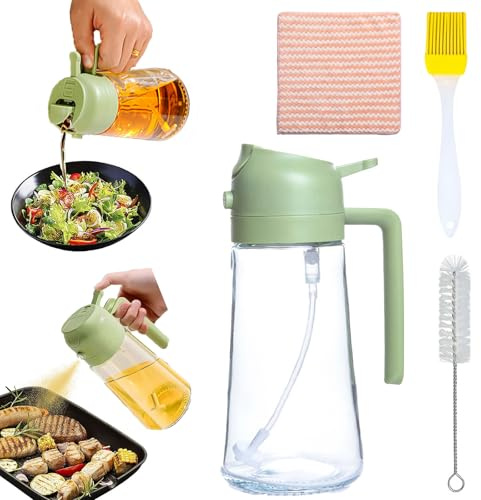 470 ml vaporizador de aceite de cocina 2 en 1 de vidrio reforzado | Kit con cepillo de aceite, cepillo de limpieza y limpiaparabrisas, calidad alimentaria | Para hornear, freír aire, parrillas