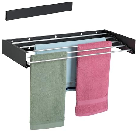 Relaxdays Stendibiancheria a Scomparsa da Parete, Stendino Pieghevole, Stendi Biancheria 15x80x40 cm, Acciaio, Nero, 80%