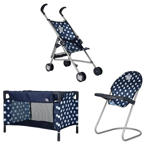 Dolly Tots Junior Kinderzimmer-Spielset | Marineblau & Weiß 3-teiliges Kinderzimmer-Spielset mit Puppen-Hochstuhl, Puppenwagen & Puppenbett | Kinderwagen, Buggy und Puppenzubehör für Jungen & Mädchen