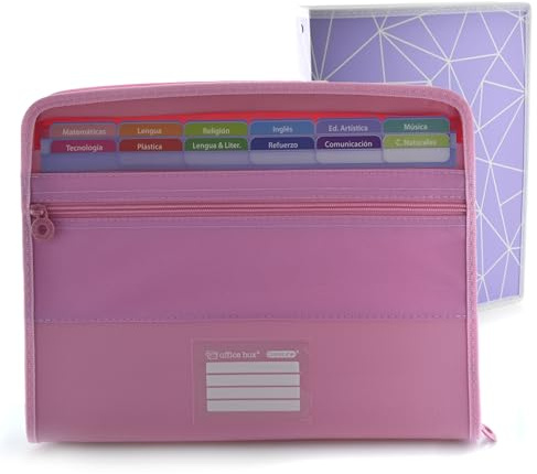 Office Box - Schulranzen-Set: Sichtordner mit 12 Fächern und Fronttasche + 80 Aufklebern mit Reißverschluss + Ordner mit 4 Ringen 40 mm - Colorline (Rosa + Ringordner)