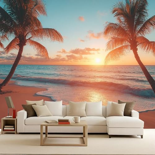 Vlies Fototapete 250x175 cm Sonnenuntergang Meer Palmen Landschaft 3D Effekt Mustertapete Matt Vliestapete Wasserdicht Wandtapete Tapete Geeignet für Schlafzimmer Kinderzimmer Wohnzimmer Wand Deko