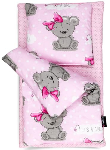 PinkZebra 3er Set Puppenbettwäsche für Puppenbett, Puppenbettzeug 3-teilig, Decke + Kissen + Matratze, aus Baumwolle für Puppen bis 43 cm, ÖKO-TEX, It's a Girl Pink