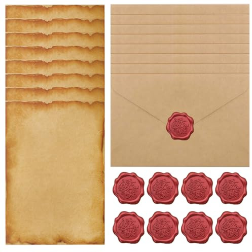 ALLY-MAGIC Vintage Briefpapier mit Umschlag, 8 Stück Vintage Papier Briefumschläge 8 Stück Briefpapier und 8 Stück Wachssiegel Aufkleber für Liebesbrief Hochzeit Geburtstag Weihnachten E24-FGXF8