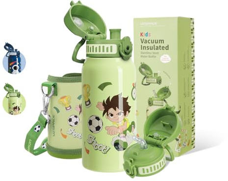 UZSPACE Gourde Enfant en Acier Inoxydable avec 2 Bouchons - Gourde Enfant 550ml avec Paille - Étanche, Sans BPA, Inclut une Housse de Protection - Pour Filles et Garçons, Football vert