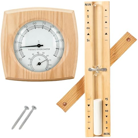 Dhqkqg High Accuracy Sauna Accessories,15-Minute Wooden Sauna Hourglass Timer and Wood Sauna Thermo-Hygrometer, SaunaSand Timer and 2-in-1 SaunaThermometer and Hygrometer, for Steam SPA Room