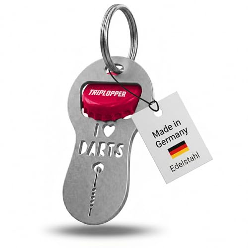 Dart Zubehör Schlüsselanhänger Einkaufswagenlöser mit Flaschenöffner lustig | Dart Geschenke für Männer, I love Darts, robuster Edelstahl, perfekte Größe, Dartspieler Gadget, Made in Germany