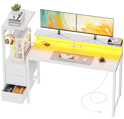 DLONGONE Gaming Desk with Drawers, 152x50 cm Computer Desk with LED & Power Outlets, Reversible Office Desk with Display Shelves & Monitor Stand, Study PC Table with Side Hooks for Home Office, White
