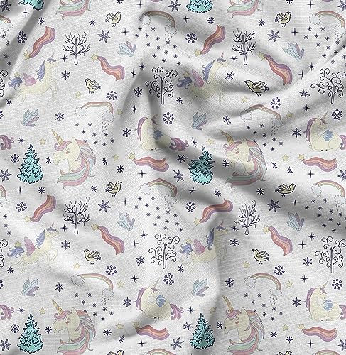 Soimoi Weib Baumwolljersey Stoff Einhorn & Regenbogen Natur Dekor Stoff gedruckt 1 Meter 58 Zoll breit