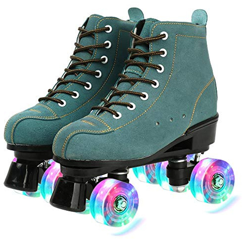 XUDREZ Cowhide Roller Skates for Women and Men High-Top Shoes Double-Row Design,Adjustable Classic Premium Roller Skates (Blue Flash Wheel,10)