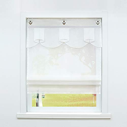 SCHOAL Raffrollo ohne Bohren Raffgardinen mit U-Haken Küche Gardinen mit Ösen Transparent Voile Ovale Figur Muster Weiß BxH 80x140 1 Stück