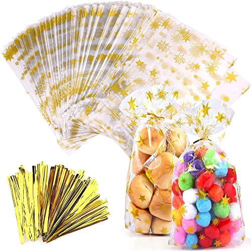 Voarge 100 Stück Bodenbeutel Sterne Gold OPP Beutel, 14x23cm Cello Taschen mit Twist Krawatten, Bodenbeutel, Keksbeutel für Lollipop Sticks, Candy, Hochzeit, Geschenke
