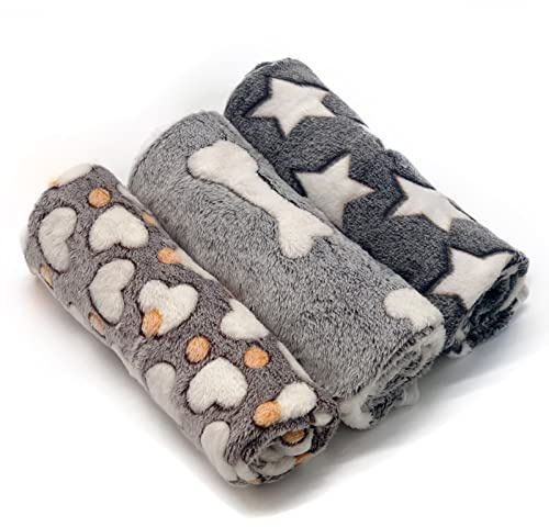 1 Pack 3 Puppy Blankets Super Soft Warm Sleep Mat Grey Cute Print Fluffy Fleece Pet Flannel Throw Dog Blankets for Small Dogs Cats,Star&Bone&Love- Small (23x15)
