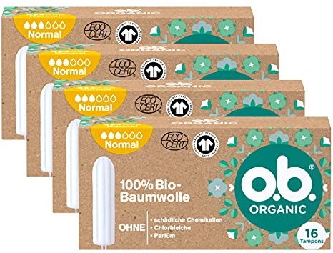 o.b. Organic Normal, Bio Tampons für mittlere bis stärkere Tage aus 100% Bio Baumwolle für natürlichen Schutz (4 x 16 Stück)