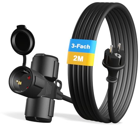 YIDE Verlängerungskabel Outdoor 2m mit 3 Schuko-Steckdosen, Gummi Verlängerung für den Außenbereich IP44, 3 Schutzkontakt Buchsen mit Schutzkappe, Baustellen Stromkabel außen 3500W, 3-Fach Verteiler