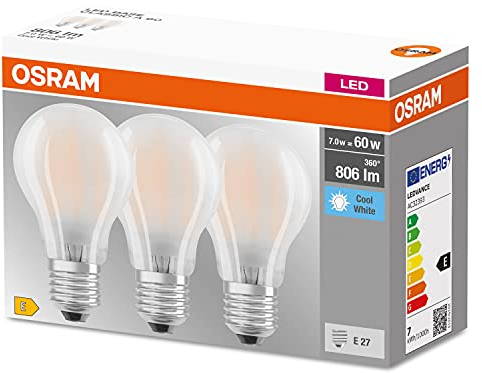 OSRAM LED-Lampe, Sockel: E27, Kalt weiß, 4000 K, 6,50 W, Ersatz für 60-W-Glühbirne, matt, LED BASE CLASSIC A, 3er-Pack