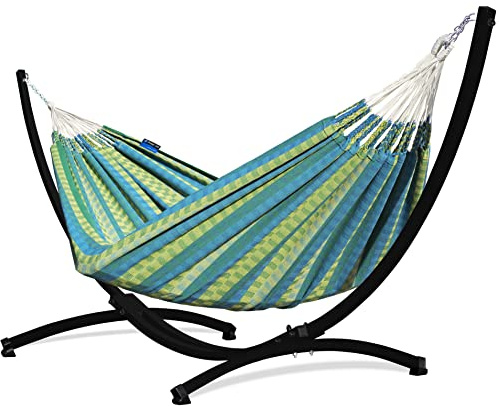 Potenza Outdoor Hängematte mit Gestell für 2 Personen I Morena - 100% Baumwolle Doppelhängematte 230x160 cm, 220kg I Hängemattengestell 220kg, wetterfest (Grün, Gestell Schwarz)