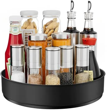 JTWEB Lazy Susan Drehteller,Drehbares Gewürzregal,360 Grad Rotierender Gewürzrega für Küche Speisekammer Schrank Schrank Tisch Arbeitsplatte, Edelstahl, 25 * 25 * 5.8 cm, Schwarz