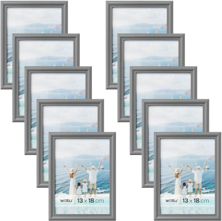 WOLTU Bilderrahmen 13x18, 10er set, Massivholz Fotorahmen mit Passepartout | Grau, Front aus PS-Platte, Posterrahmen zum vertikalen oder horizontalen Aufhängen und Aufstellen, Collage Wanddeko