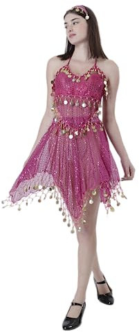 Carnavalife Conjunto Vestido Danza Vientre Profesional para Mujer Traje de Danza del Vientre Top Monedas + Falda Monedas Pirata + Diadema para Disfraz Bollywood Bailarina Árabe India Shakira(FUCSIA)
