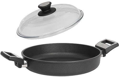 SKK große 2-tlg. Guss Paella-Pfanne Ø 32 cm - Induktion - hohe beschichtete Bratpfanne mit Seitengriffe & Vollglas Deckel - Made in Germany