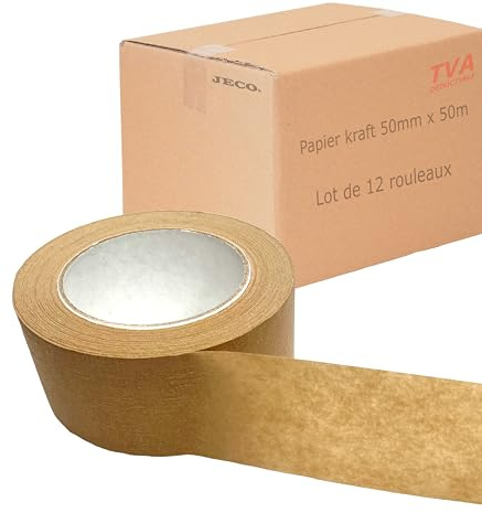 JeCo - Lot de 12 rouleaux de ruban adhésif papier kraft 50mm x 50m pour la fermeture de vos envois expédition emballage carton colis