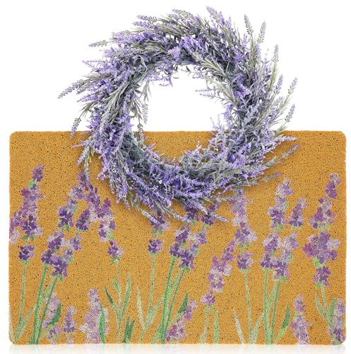 Drydiet Floral Coir Doormat and Spring Wreath Set Flower Welcome Door Mat for Front Door 17.7 x 29.5 Inch Coco Coir Doormat Summer Porch Decor for Garden Garage Patio Home Entrance(Lavender)
