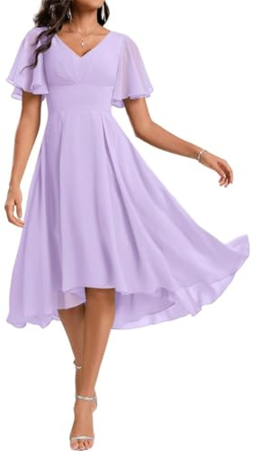 WSEYU Vestidos de dama de honor para mujer para boda con longitud a la rodilla de gasa acampanados vestidos de noche para invitados de boda lila UK14