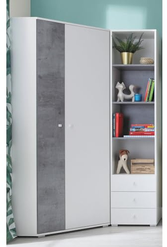 Lomadox Jugendzimmer Set 2-teilig mit Eckkleiderschrank, Regalschrank in Beton und weiß modern