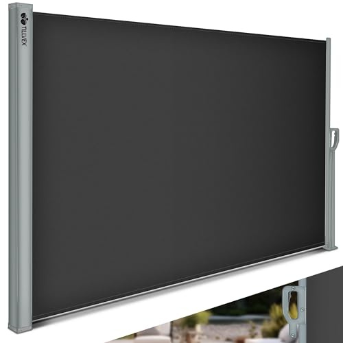 tillvex® Store latéral 160 x 400 cm extensible et opaque avec Housse de protection | Brise-vue pour balcon, jardin et terrasse | Support mural | Protection solaire en acier inoxydable | Contre le vent