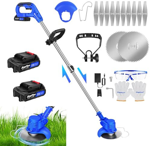 Cordless Grass Trimmer, 21V Electric Garden Strimmer Set with 2 Batteries 1.5Ah, 10 Blades, 10000RPM, Adjustable Handle & Head Angle, Lightweight Battery Strimmer for Lawn Garden Pruning Backyard
