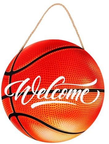 HOLIDYOYO Round Welcome Sign Basketball Decor Wall Art for Basketball Teams for Front Door Living Room Bedroom Cute Rustic Design for Home Cafe Use